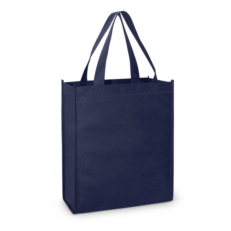 A navy tote bag with two handles, featuring a simple design and a branding logo.