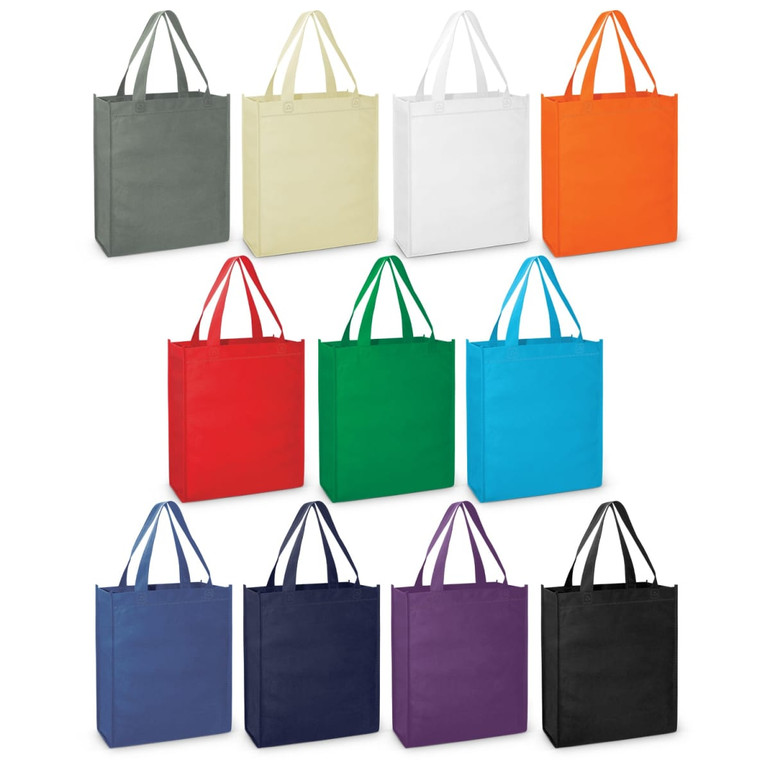 A collection of Kira A4 Tote Bags in various colours, including grey, yellow, white, orange, red, green, blue, and purple.