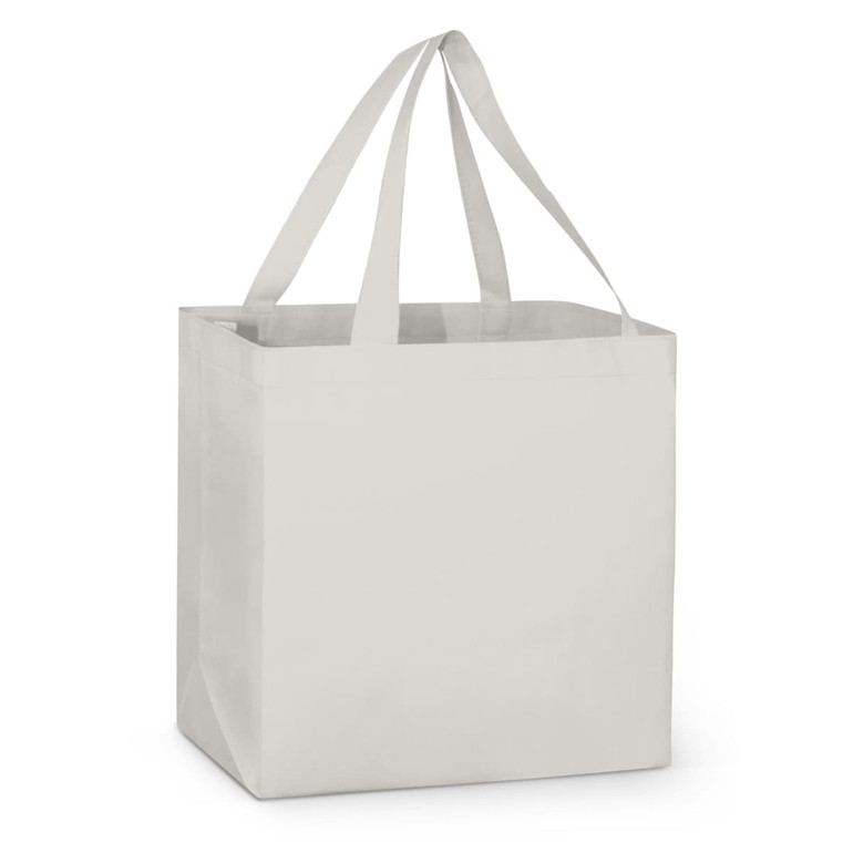 A grey tote bag with two handles and a rectangular shape, featuring a simple design and no visible branding.