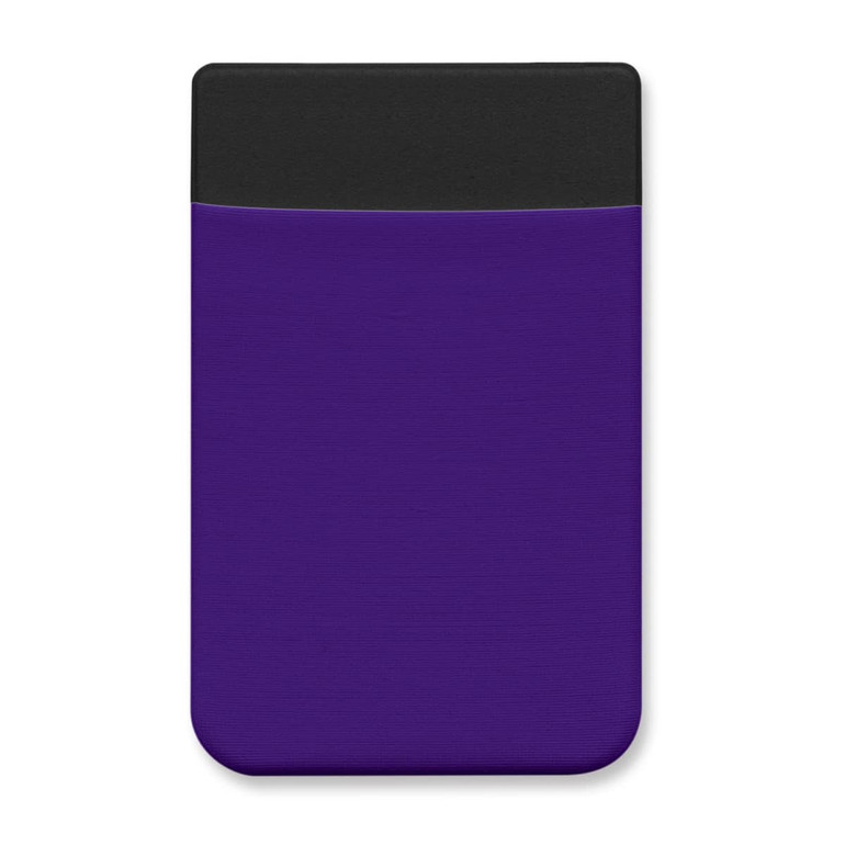 A purple Lycra phone wallet with a black top, featuring a logo at the front.