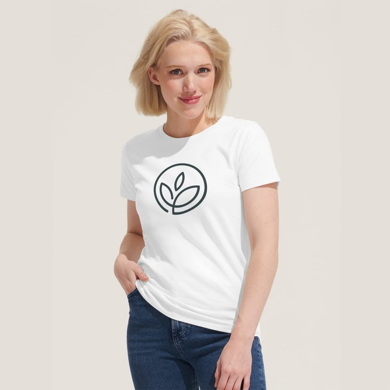 A white women's t-shirt featuring a simple logo with leaves, styled with a round neckline.
