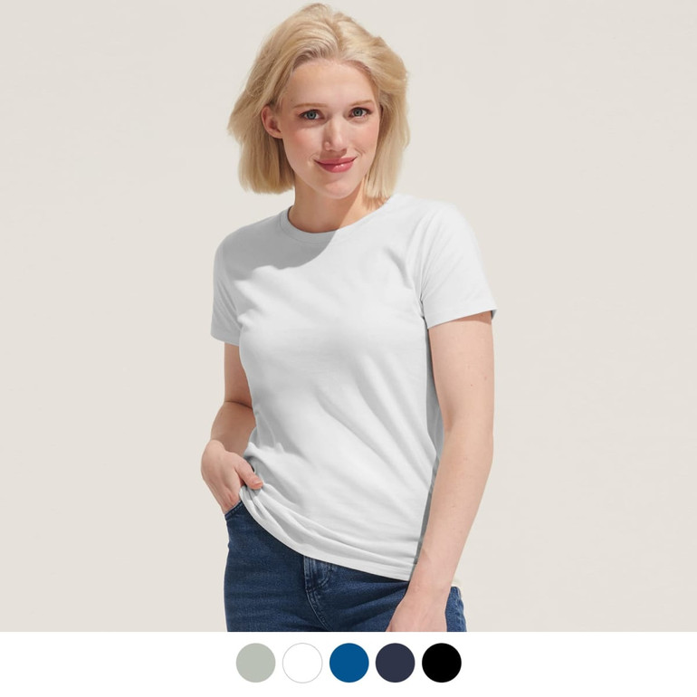A white women's T-shirt is displayed on a model, featuring a simple design and a logo. Various colour options are below.