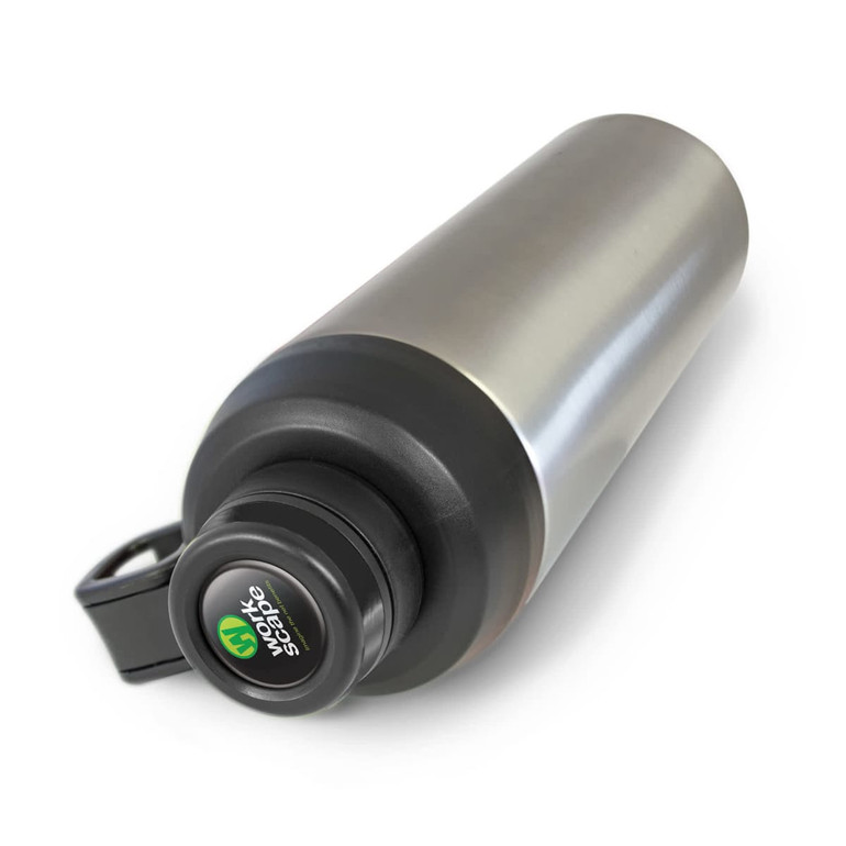 A drink bottle with a stainless steel finish and a black cap, featuring a logo on the cap.