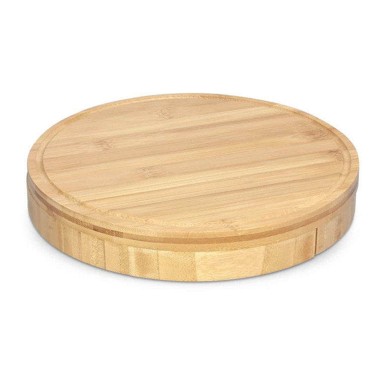 A round bamboo cheese board with a smooth surface and a textured edge, featuring a simple design.