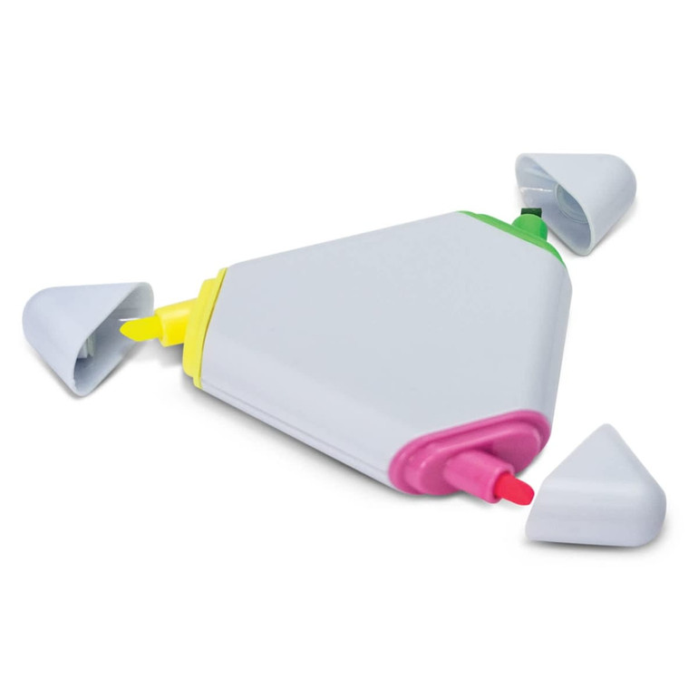 A triangular highlighter with pink, green, and yellow ends, featuring removable caps. It has a sleek grey body and a logo.