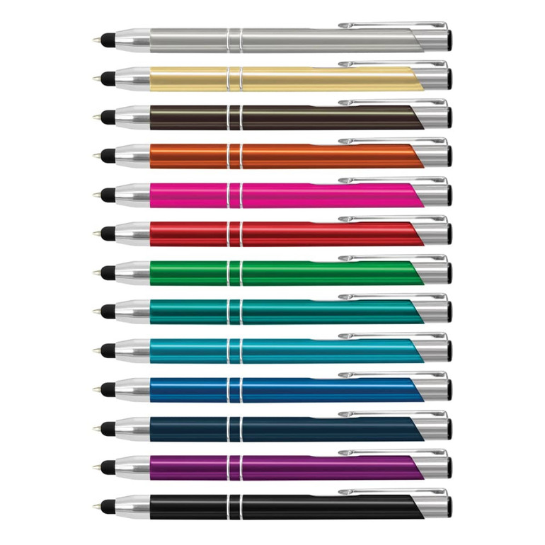 A range of metal stylus pens in various colours, featuring chrome accents and a sleek design, displayed in a row.