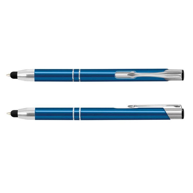 A blue metal stylus pen with a silver clip and accents, featuring a rubber tip on one end.