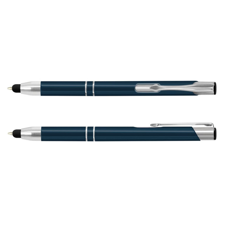 A metal stylus pen in a dark blue finish, featuring silver accents and a clip, with a logo.