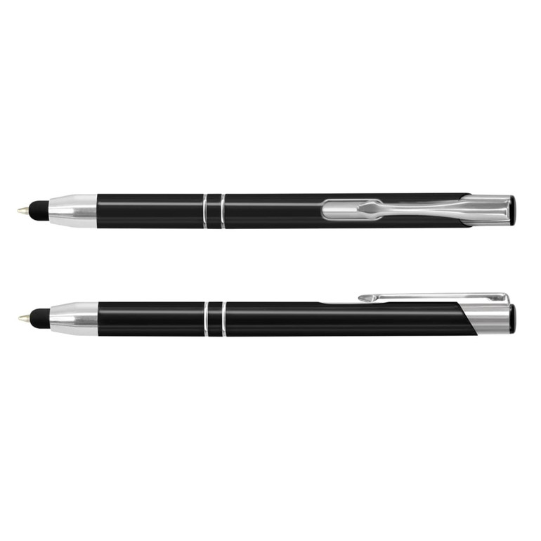 A black metal stylus pen featuring silver accents and a clip, displaying both ends of the pen.