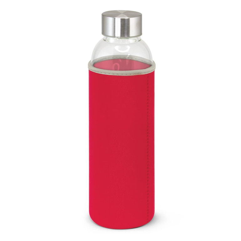A drink bottle with a clear body and a bright red neoprene sleeve, featuring a stainless steel lid.