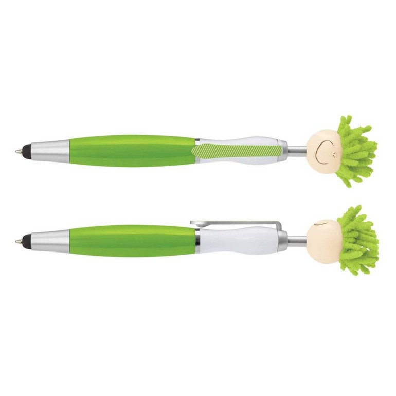 A green stylus pen featuring a smiling head with mop-like hair. The pen includes a silver clip and accents.