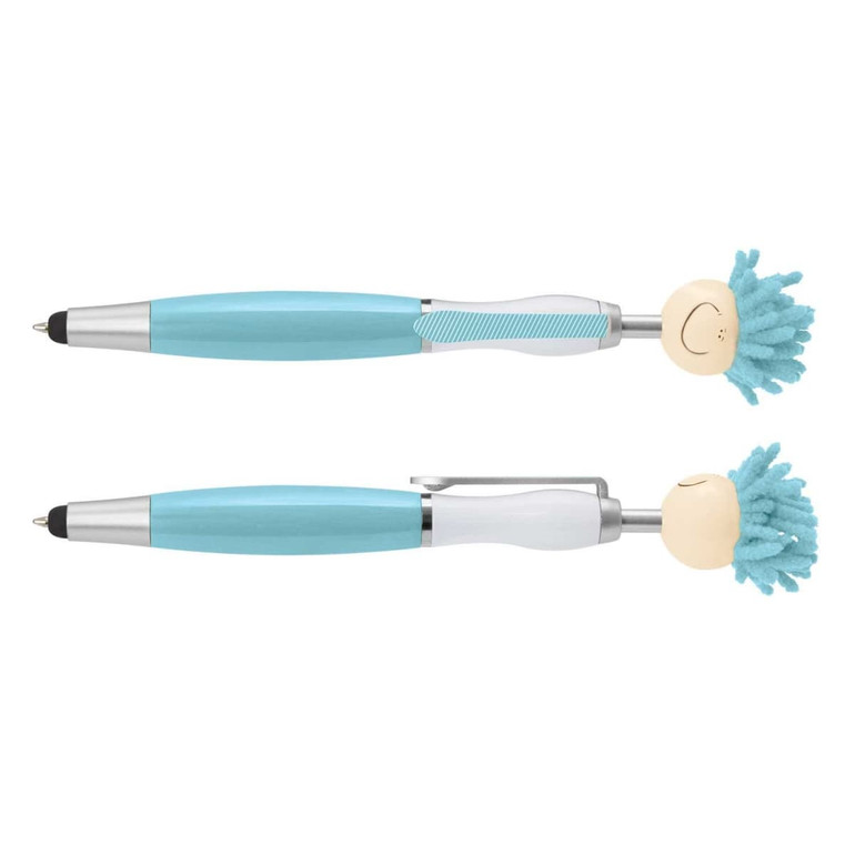 A stylus pen set featuring two pens with a light blue body and playful mop-top design on the top. Each pen has a branding logo.
