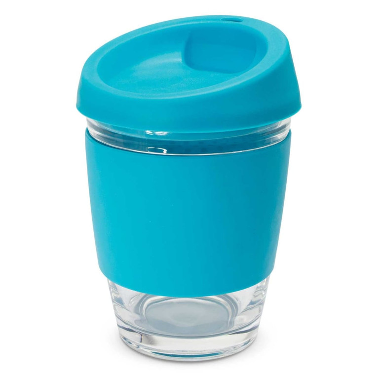 A drink bottle in turquoise with a clear glass base and a silicone sleeve. It features a matching lid with a spout.