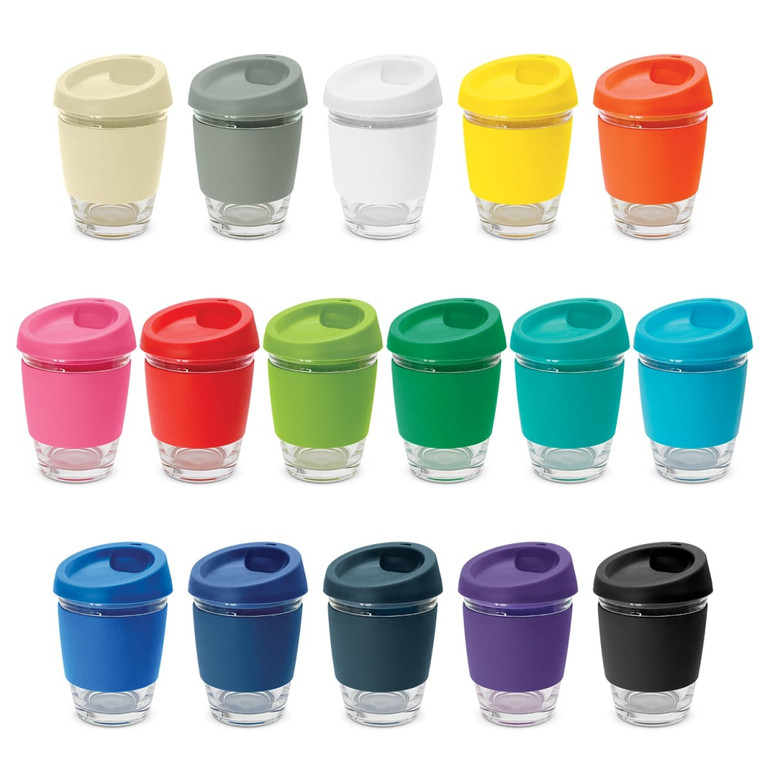 A range of Metro Cups in various colours, featuring transparent bases and coloured lids, including a logo.