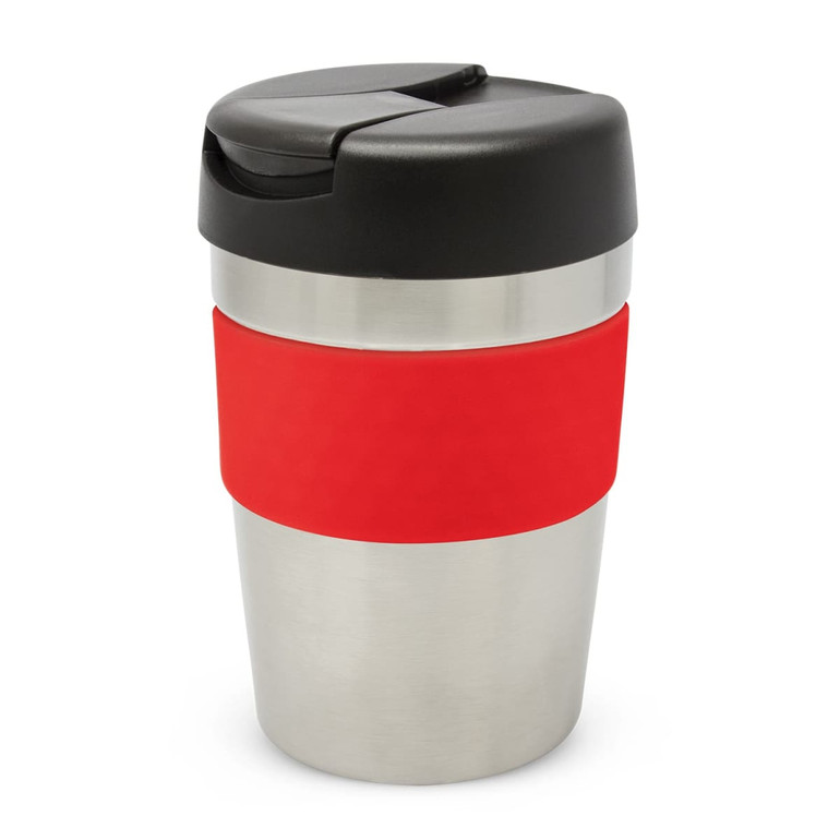 A drink bottle featuring a stainless steel body, black lid, and red silicone band. Contains a logo. A drink bottle featuring a stainless steel body, black lid, and red silicone band. Contains a logo.
