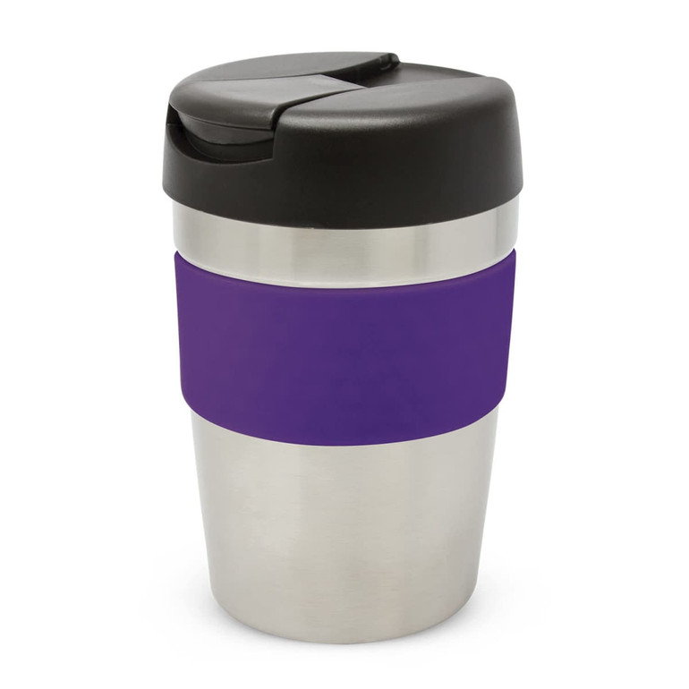 A drink bottle featuring a stainless steel body with a purple silicone grip and a black lid. It includes a branding logo. A drink bottle featuring a stainless steel body with a purple silicone grip and a black lid. It includes a branding logo.