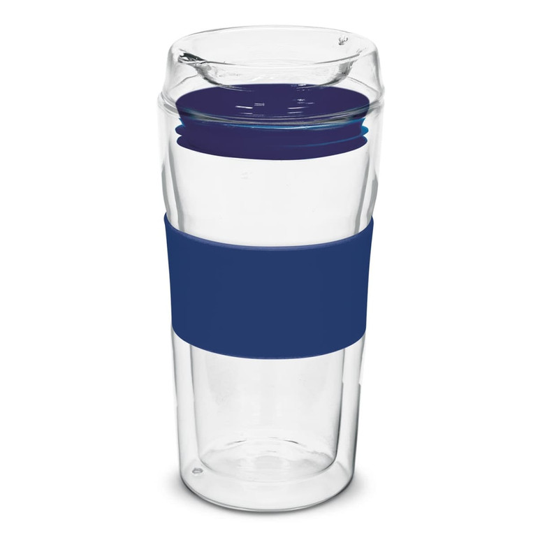 A double wall glass cup with a navy blue silicone sleeve and a clear glass body, featuring a logo.