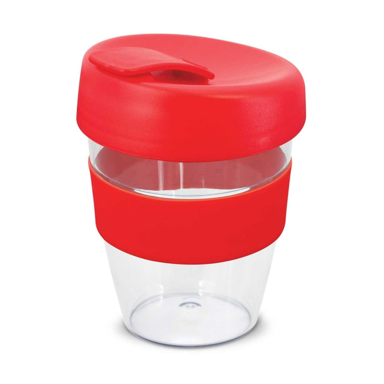 A drink bottle with a transparent body and red silicone band and lid, holding 350ml. It features a logo on the side.
