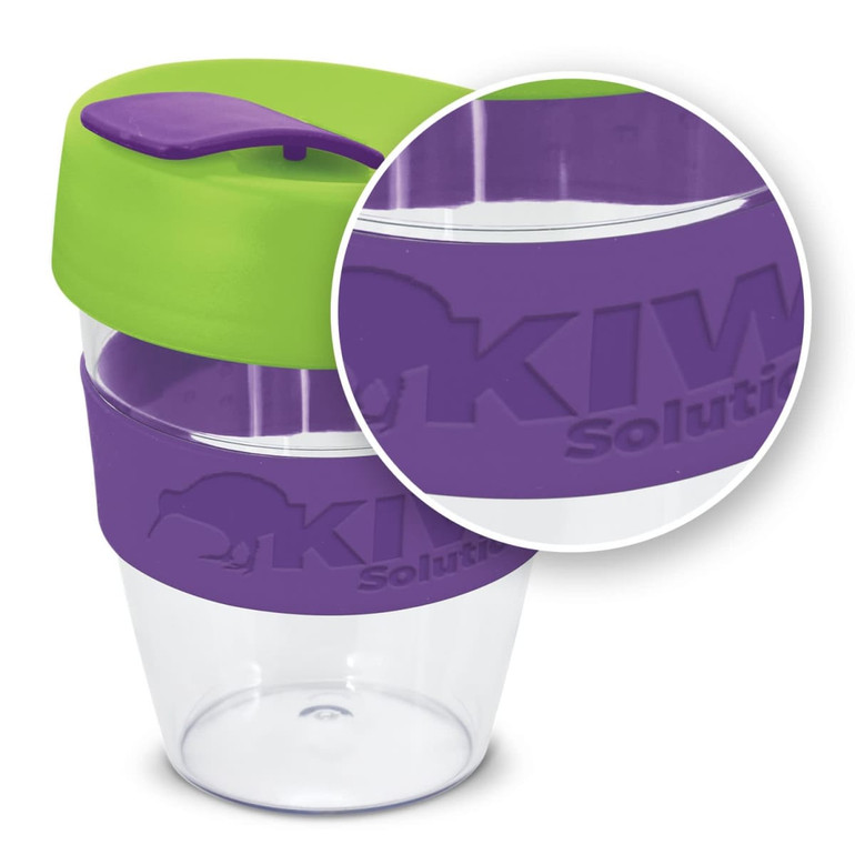 A drink bottle with a clear body, green lid, and purple silicone band. It features a logo on the side.