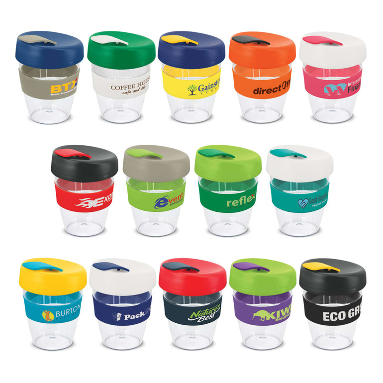 A range of reusable drink cups in various colours, featuring different designs and logos, with a clear base and coloured lids.