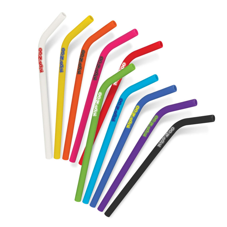 A collection of silicone drinking straws in various colours, including white, orange, pink, blue, and purple, with branding.