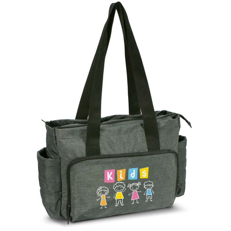 A dark green baby bag with zippered pockets and cartoon children graphic. It features sturdy black handles. A dark green baby bag with zippered pockets and cartoon children graphic. It features sturdy black handles.