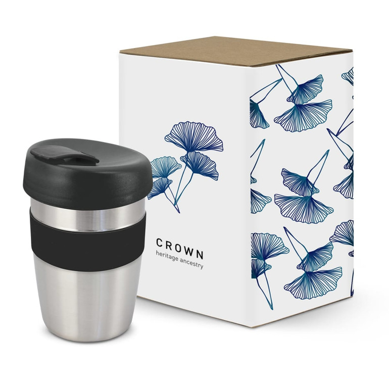 A drink bottle with a stainless steel body, black silicone band, and a dark lid, beside a decorative box.