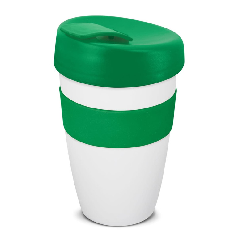 A drink bottle featuring a white body with a green lid and band, designed for beverage use. It includes a logo.