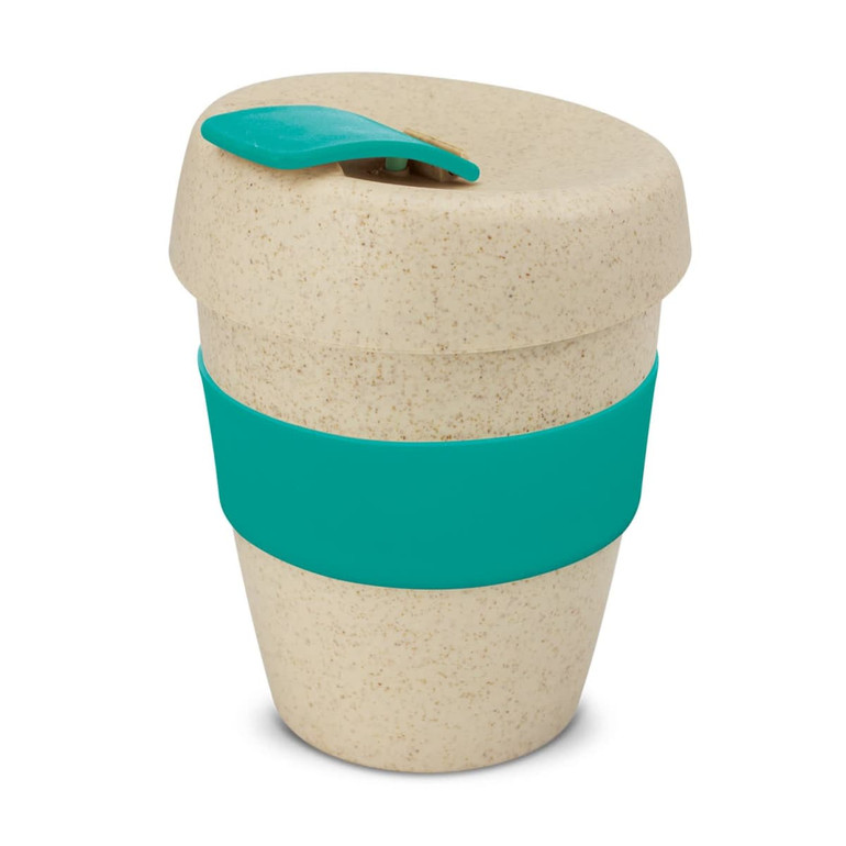 A drink bottle with a beige body and a teal band, featuring a lid with a small opening. It has a logo on it.