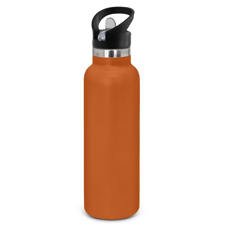 A drink bottle in a vibrant orange powder-coated finish, featuring a black cap with a handle.