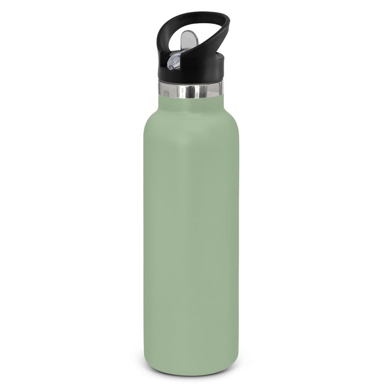 A drink bottle features a powder-coated finish in a soft green color, complemented by a black lid and handle.