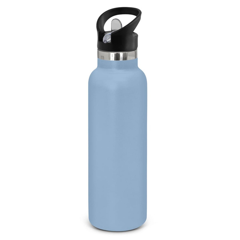 A drink bottle featuring a powder-coated light blue finish and a black flip-top lid.