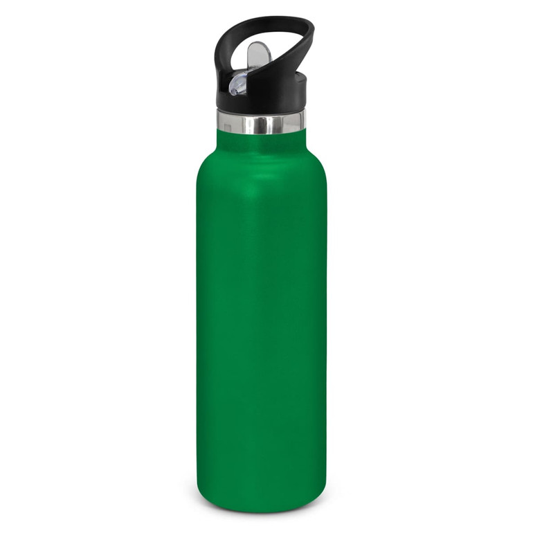 A drink bottle in vibrant green with a black lid and handle, featuring a sleek, powder-coated finish.