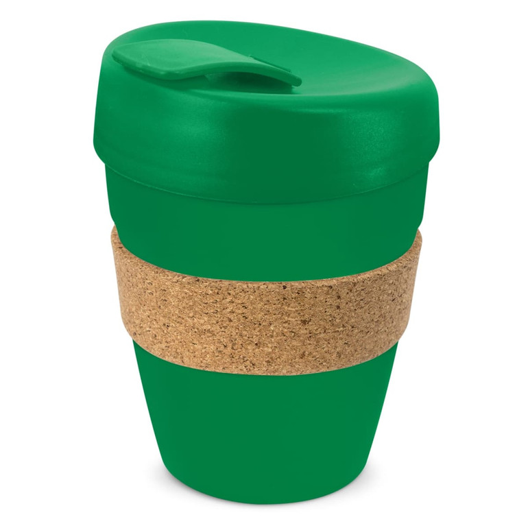 A drink bottle featuring a green body, a secure lid, and a cork band for grip.
