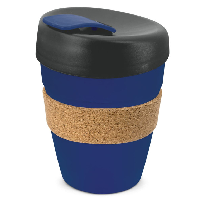 A drink bottle with a navy blue body, black lid, and cork band around the centre. It features a logo.