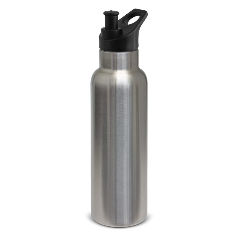A drink bottle in stainless steel with a black spout and handle, featuring a logo on the side.