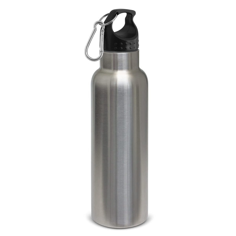 A drink bottle with a stainless steel finish and a black lid, featuring a logo and a carabiner clip.