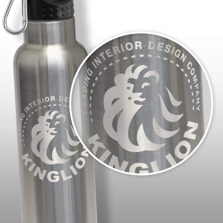 A drink bottle made of stainless steel, featuring a black lid, presented in a cylindrical brown cardboard packaging.