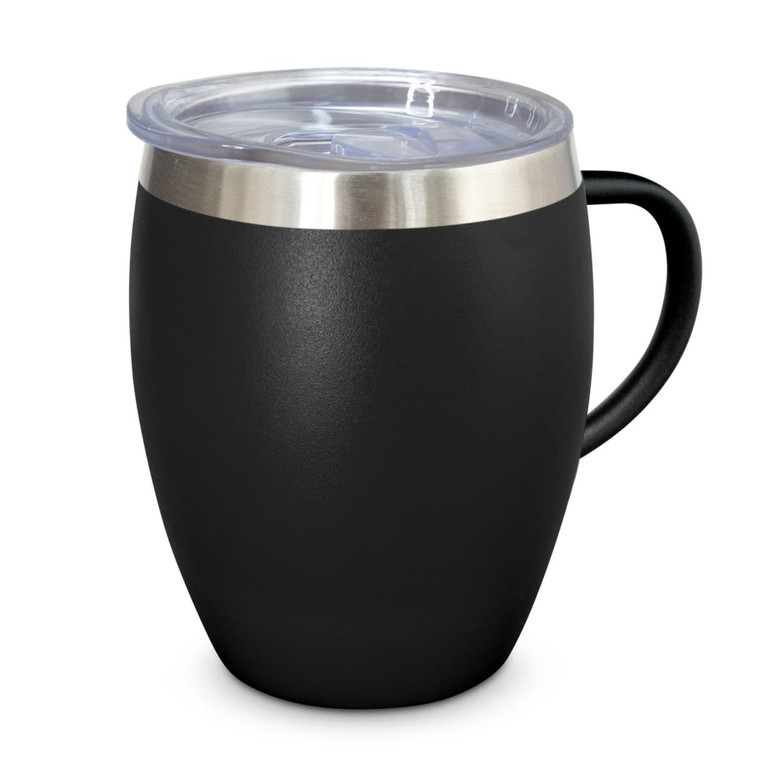 A drink bottle with a black matte finish, stainless steel rim, and a clear lid, featuring a sturdy handle.