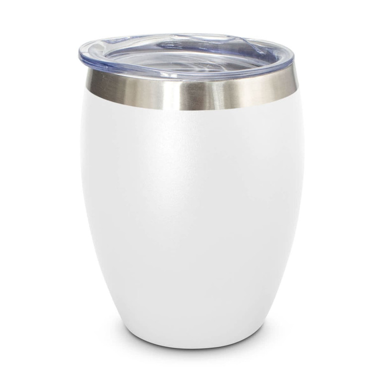 A drink bottle in white with a stainless steel rim and a clear lid, featuring a logo on the surface.