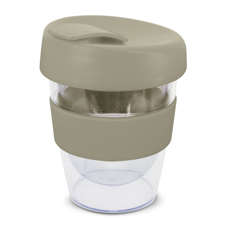 A drink bottle featuring a clear body with a muted green lid and band, designed for convenience. It has a logo.