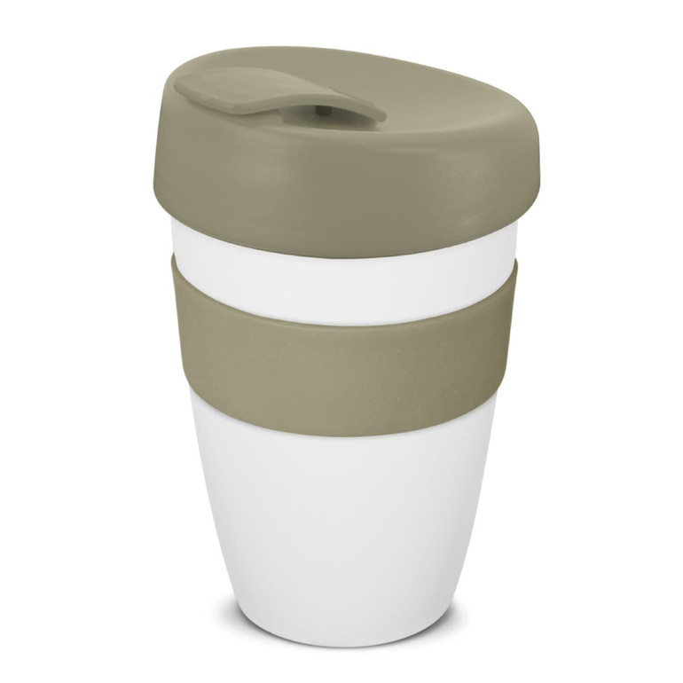 A drink bottle with a double wall, featuring a white body and an olive green lid and band.