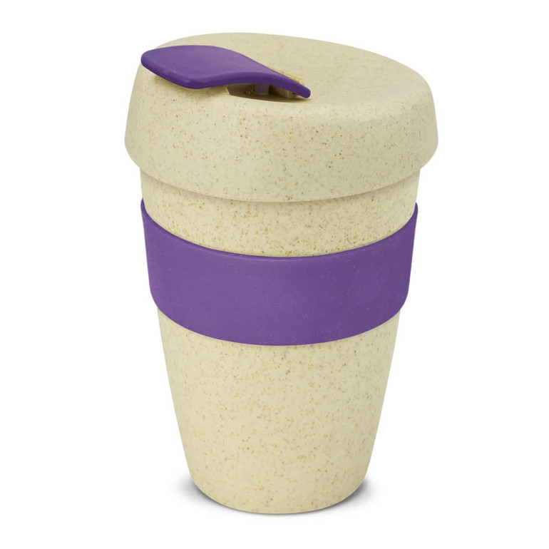 A drink bottle with a double wall design, featuring a cream body and purple band and lid. Includes a logo.