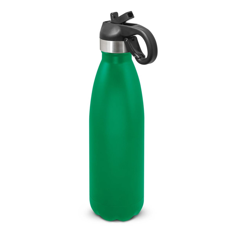 A drink bottle in a vibrant green finish with a flip lid and black handle, featuring a branding logo.