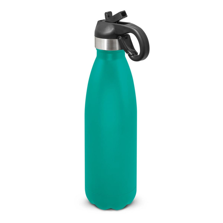 A drink bottle in teal with a black flip lid and a stainless steel accent, featuring a logo.