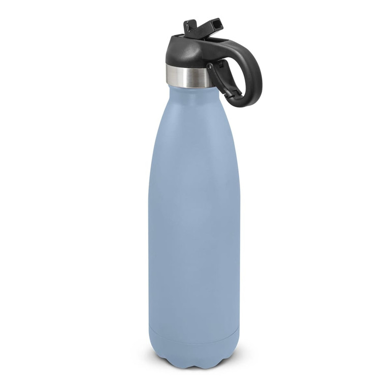 A drink bottle in a soft blue hue with a flip lid and a black handle. It features a stainless steel accent.