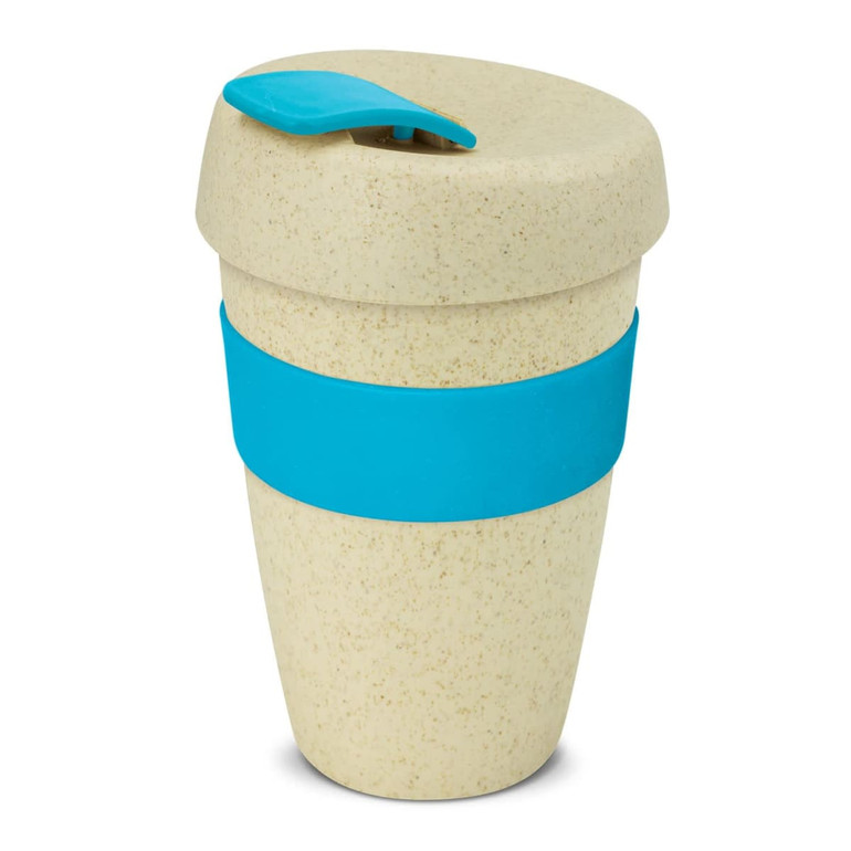A drink bottle with a speckled cream body, blue silicone band, and matching lid. Features a logo.