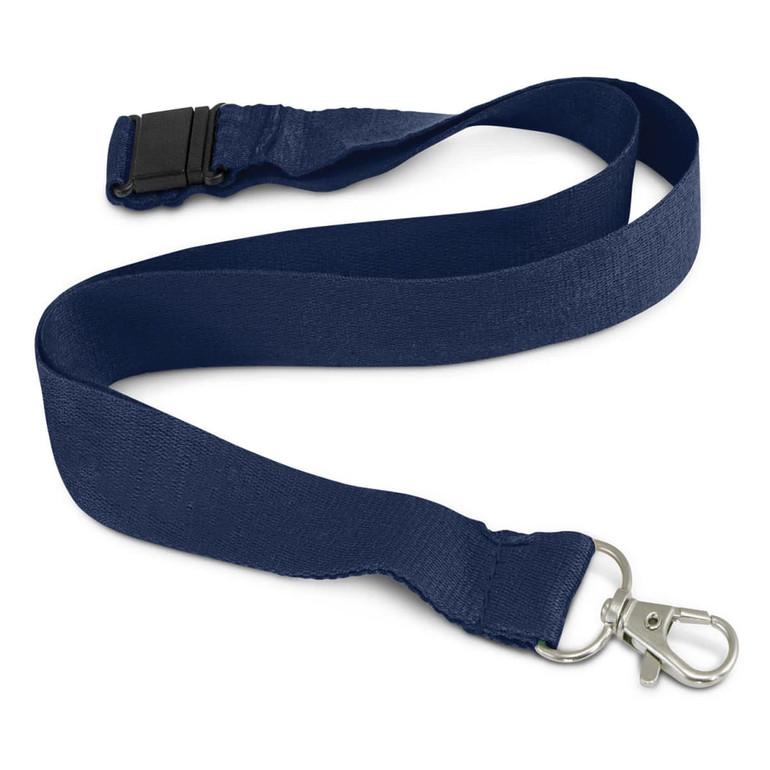 A navy bamboo lanyard with a metal clip and a plastic buckle for easy attachment.