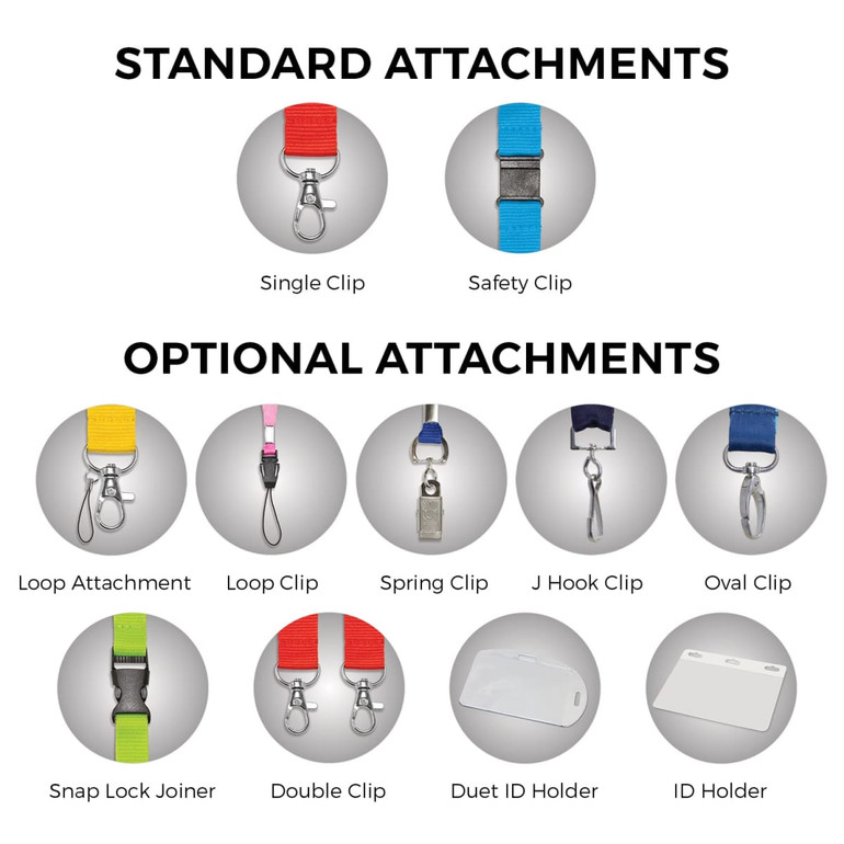 A variety of lanyard attachments displayed, including clips and holders in different colours. Features logos on some items.