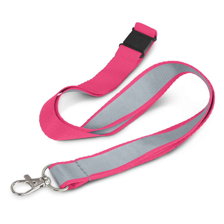A pink and grey reflector lanyard with a clip, featuring a soft texture and adjustable buckle.